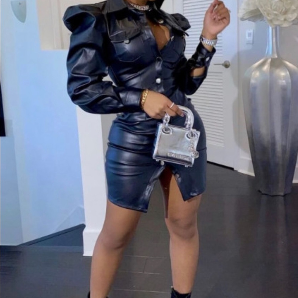 Black leather mini button down dress large